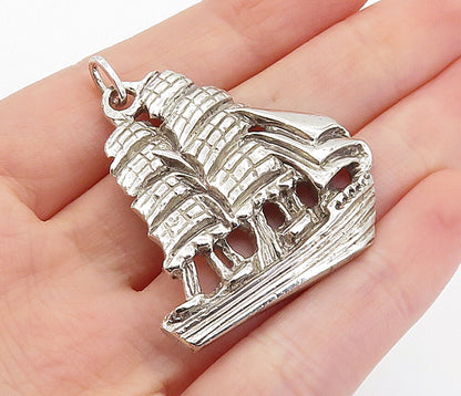 925 Sterling Silver  Vintage Shiny Chiseled Sailing Ship Motif Pendant  PT5403