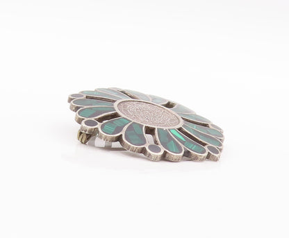 925 Sterling Silver Vintage Brooch Pin MEXICO Malachite Celtic Flower  BP10953