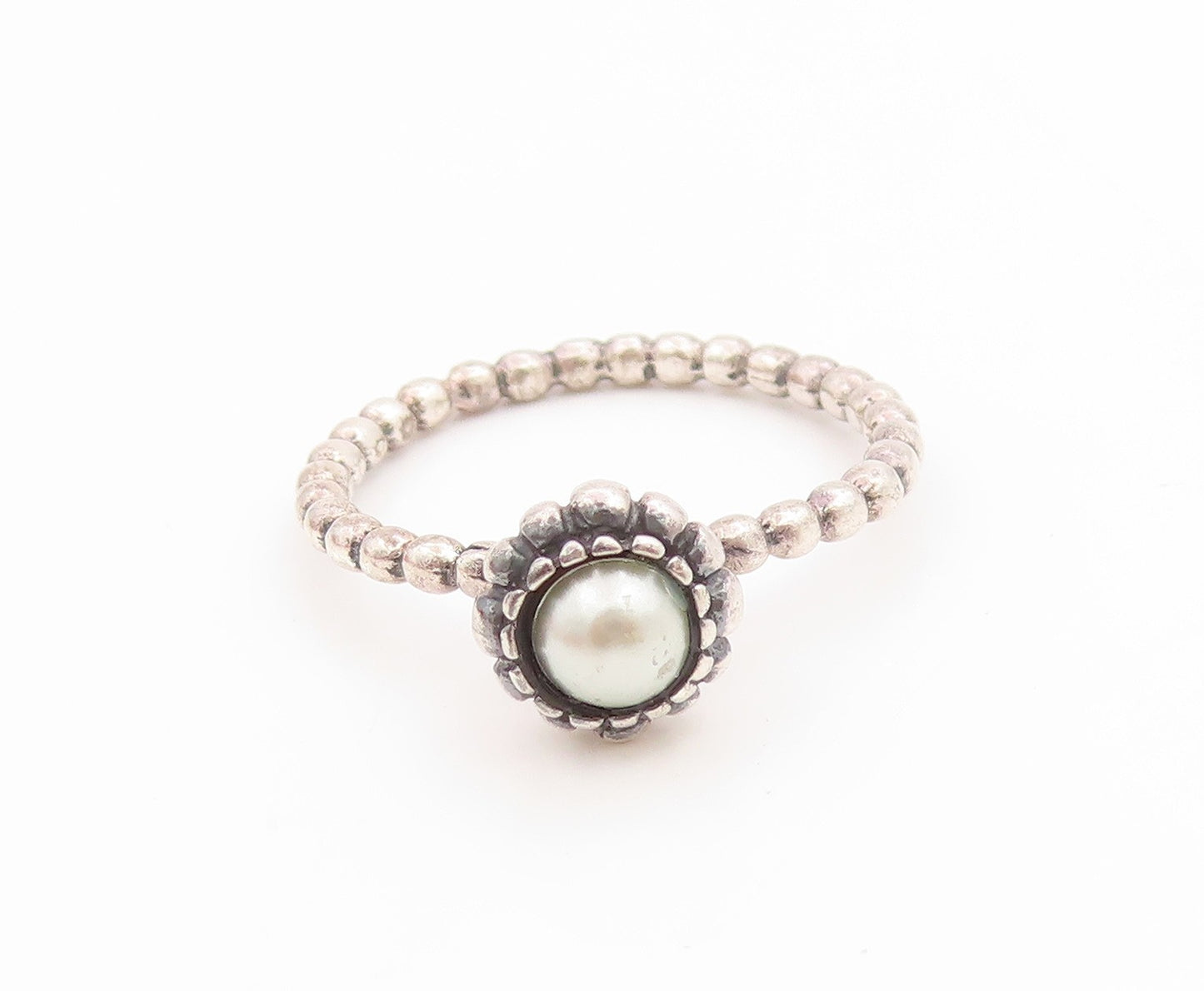 925 Sterling Silver Vintage Ring Elegant Pearl Halo Beaded Band  Sz 8  RG36044
