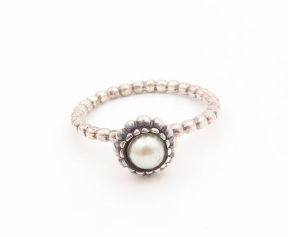 925 Sterling Silver Vintage Ring Elegant Pearl Halo Beaded Band  Sz 8  RG36044