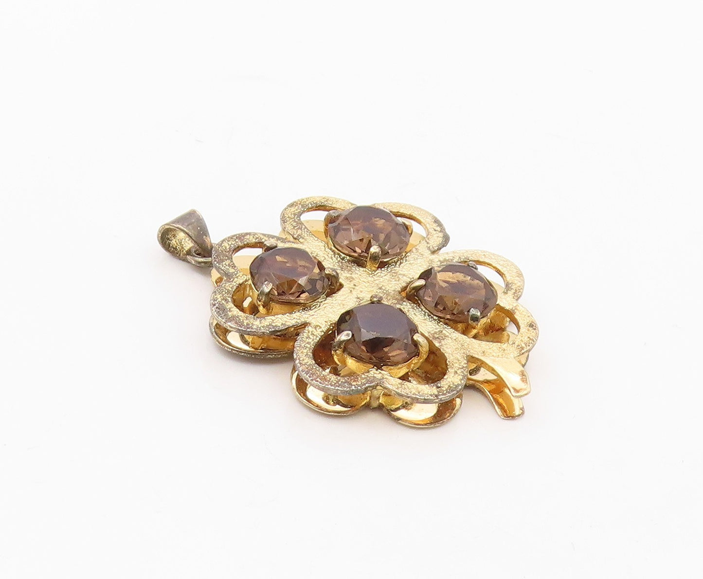 925 Silver  Vintage Smoky Topaz Gold Plated Clover Good Luck Pendant  PT18418