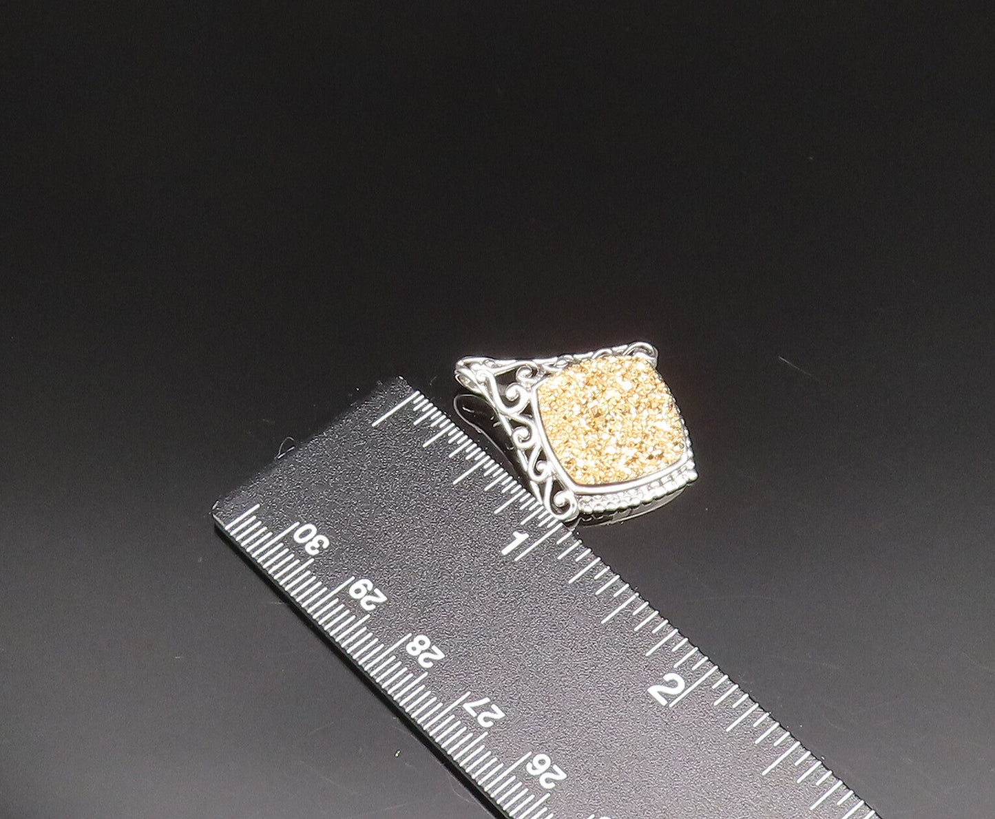 925 Sterling Silver  Vintage Open Scroll Edge Drusy Quartz Pendant  PT20994