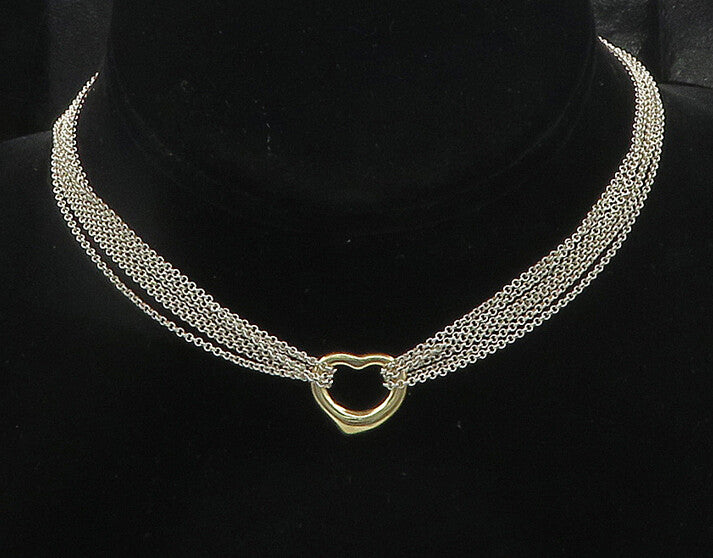 925 Silver & 14K GOLD Vintage Love Heart Multi Strand Chain Necklace NE3051