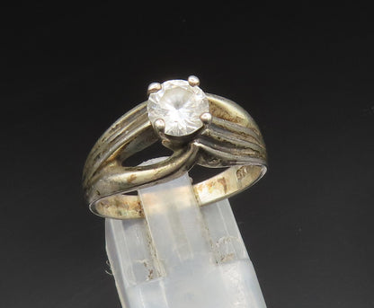 925 Silver  Vintage Cubic Zirconia Split Ribbed Shank Ring Sz 9  RG24593