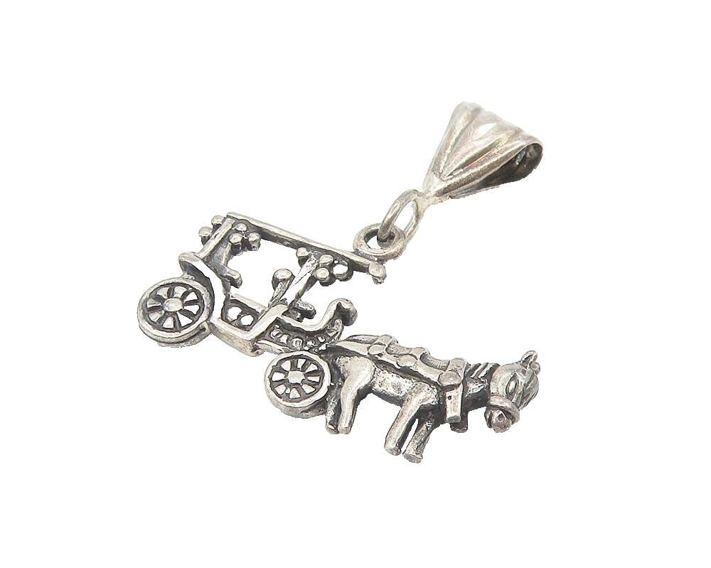 925 Sterling Silver  Vintage Old Fashioned Horse & Carriage Pendant  PT9143