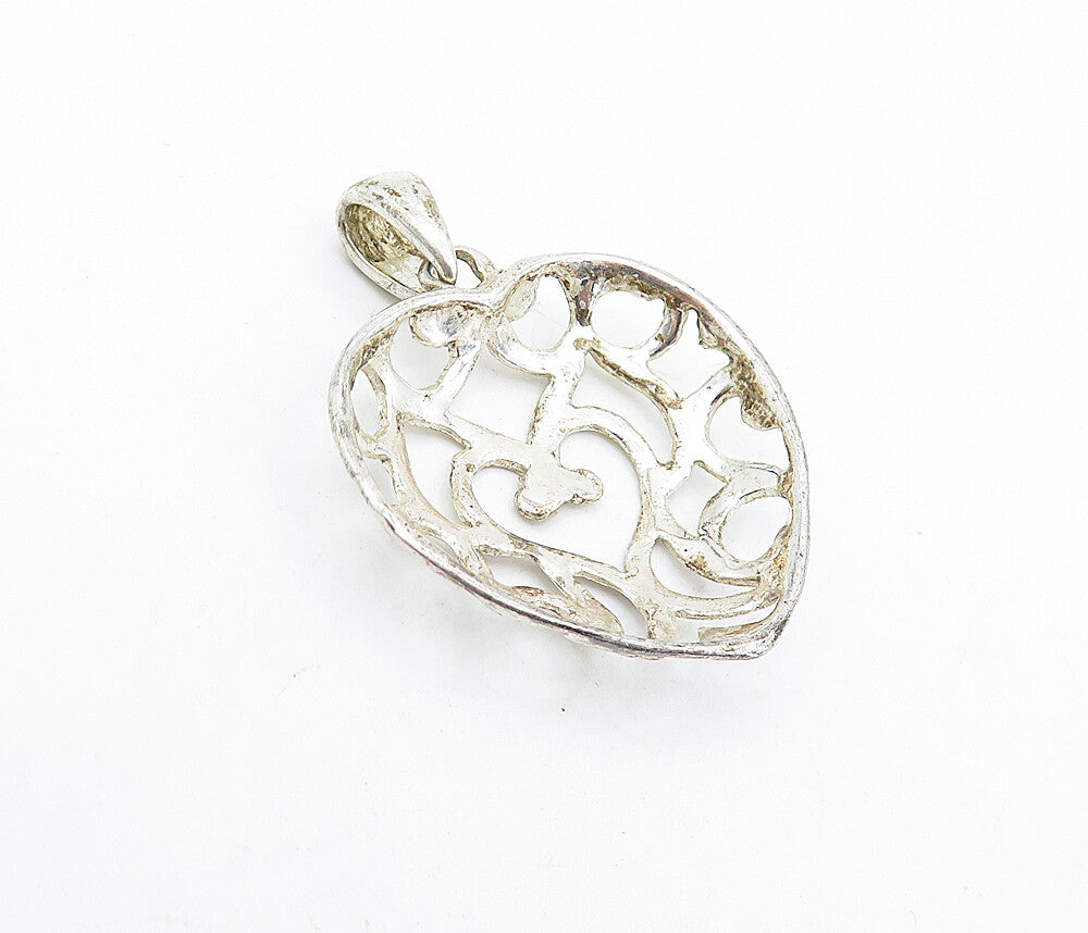 925 Sterling Silver  Vintage Shiny Etched Cutout Love Heart Pendant  PT3240