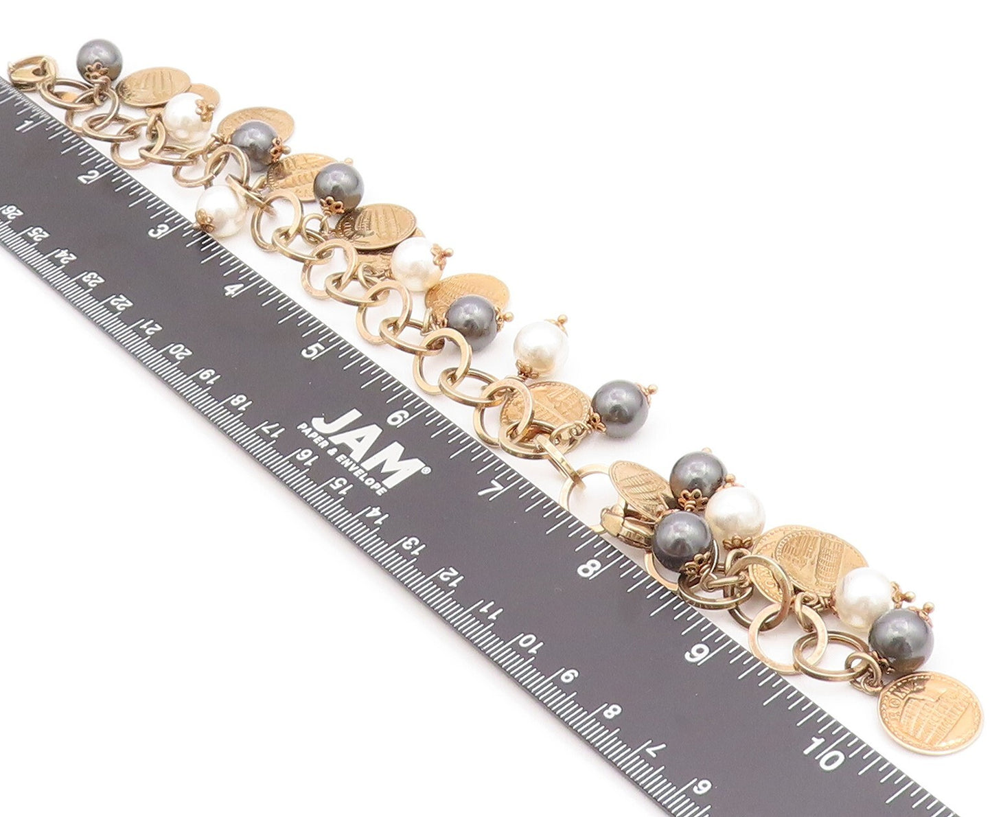 925 Sterling Silver Vintage Bracelet Gold Rings Dangling Pearls & Coins  BT10986