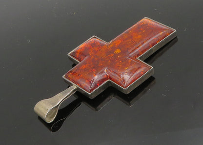 DTR JAY KING 925 Sterling Silver Vintage Amber Religious Cross Pendant PT15876