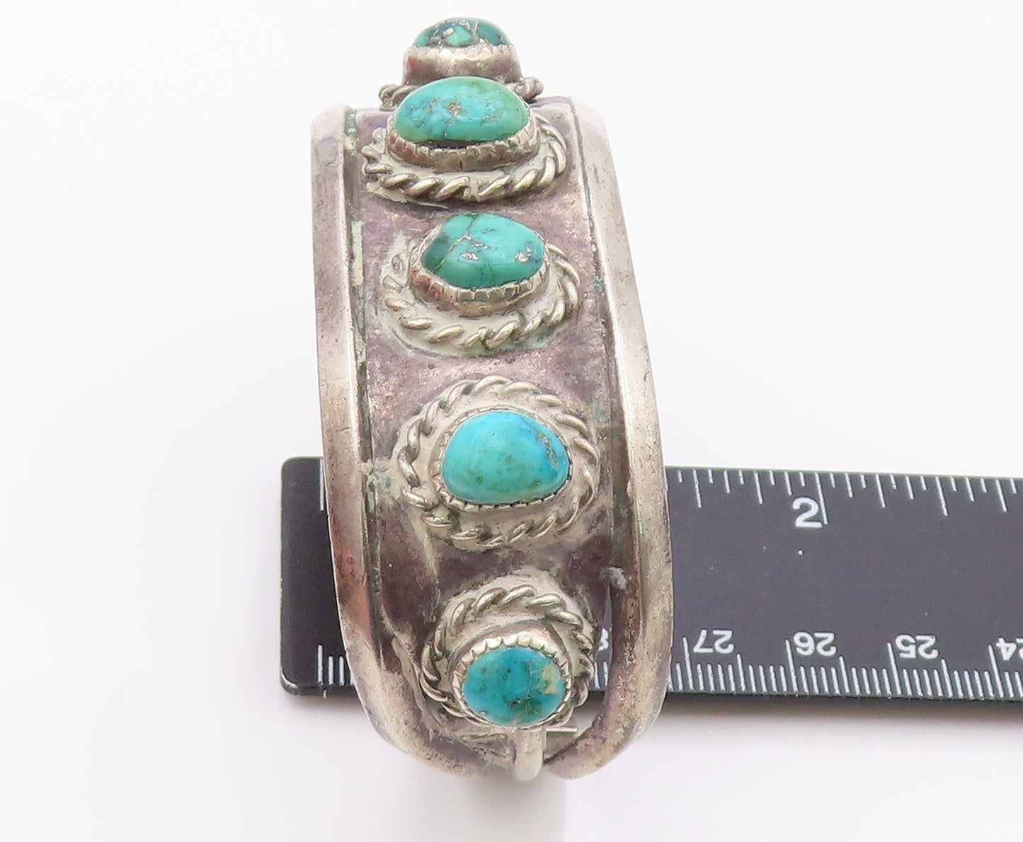 925 Sterling Silver Vintage Bracelet NAVAJO Turquoise Rope Border Cuff  BT12106