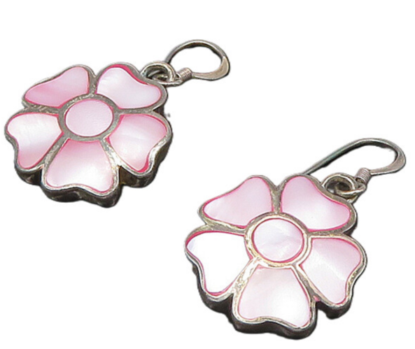 925 Sterling Silver  Vintage Mother Of Pearl Flower Dangle Earrings  EG11055