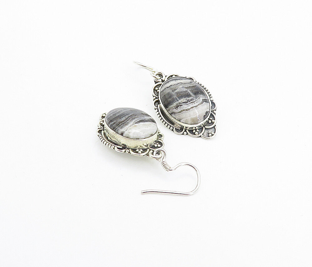 925 Sterling Silver  Vintage Cabochon Cut Grey Agate Dangle Earrings  EG3168