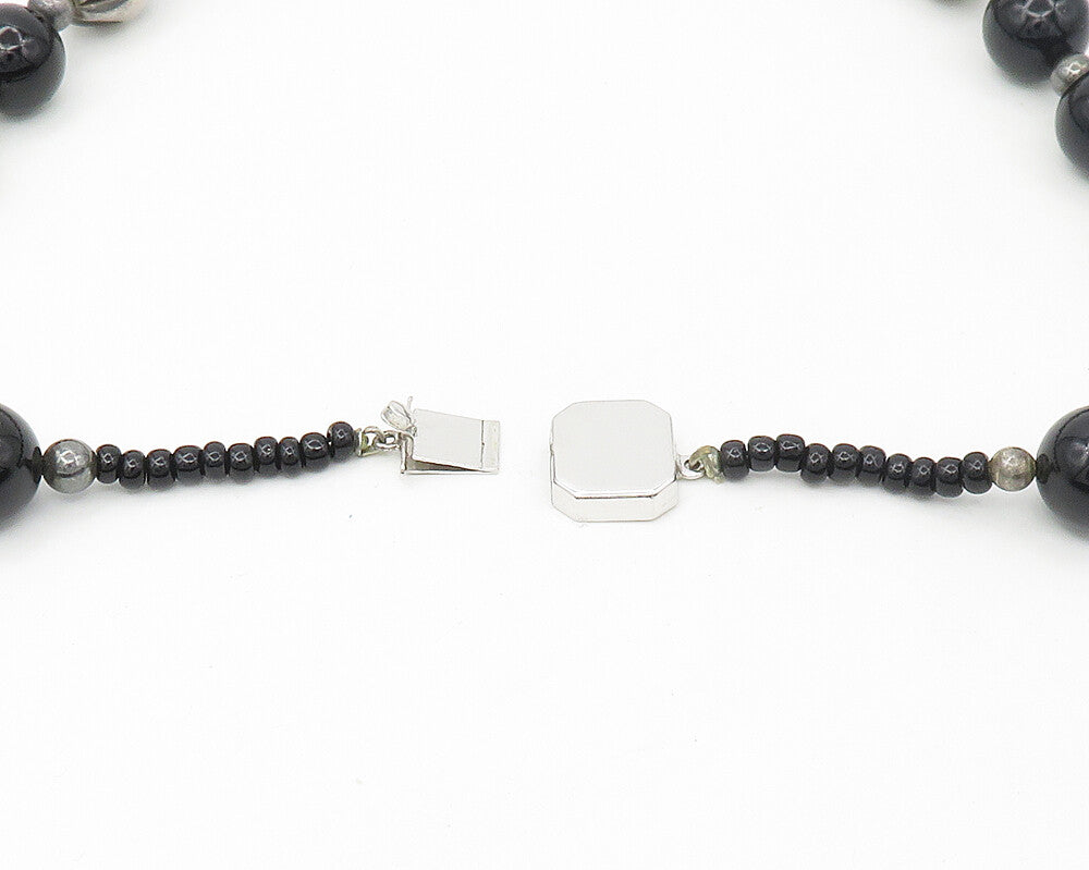 925 Sterling Silver  Vintage Black Onyx Sculpted Bead Chain Necklace  NE2739