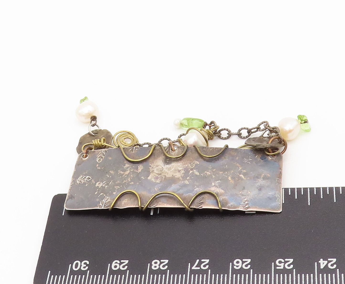 925 Sterling Silver Vintage Brooch Pin Handmake Dangling Pearls Peridot BP10584