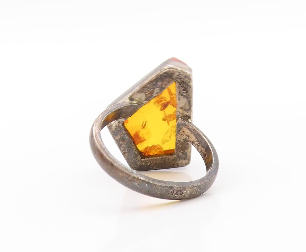 925 Sterling Silver Vintage Ring Amorphas Shape Cut Honey Amber  Sz 8.5  RG32677