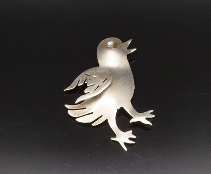 925 Silver  Vintage Carved Baby Bird With Blue Topaz Eye Brooch Pin  BP10068