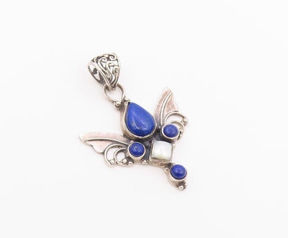 925 Sterling Silver Vintage Pendant Lapis Lazuli & Pearl Angel Wing  PT26427