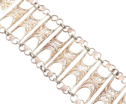 925 Sterling Silver Vintage Bracelet Intricate Filigree Wide Panel Link  BT12040