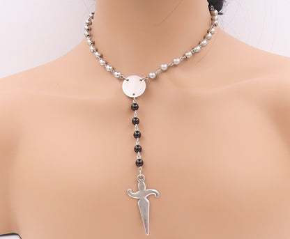 925 Sterling Silver Vintage Necklace Onyx & Linked Beads Dancing Figure  NE4565