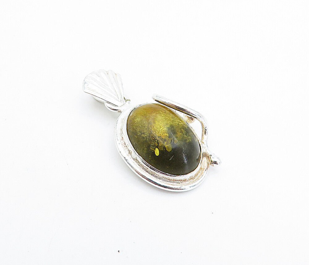 925 Sterling Silver  Vintage Cabochon Cut Lemon Amber Scalloped Pendant PT2987