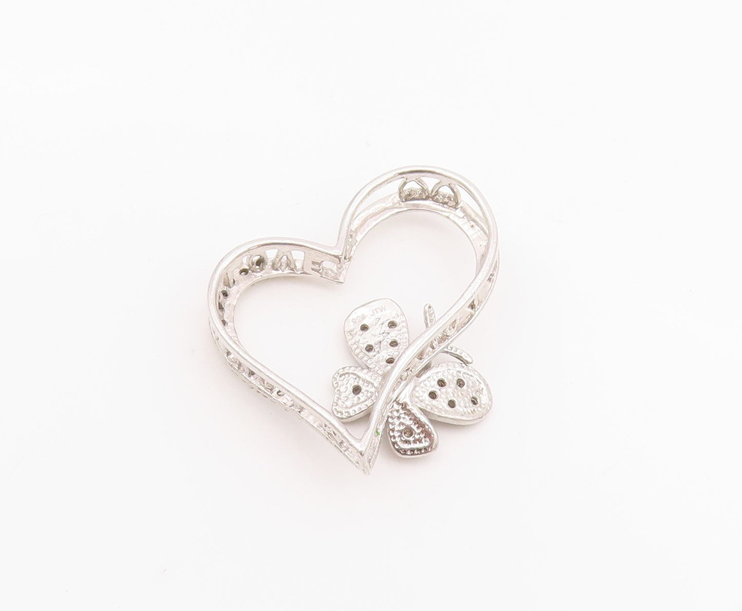 925 Sterling Silver Vintage Pendant Diamonds Butterfly On Cutout Heart  PT24264