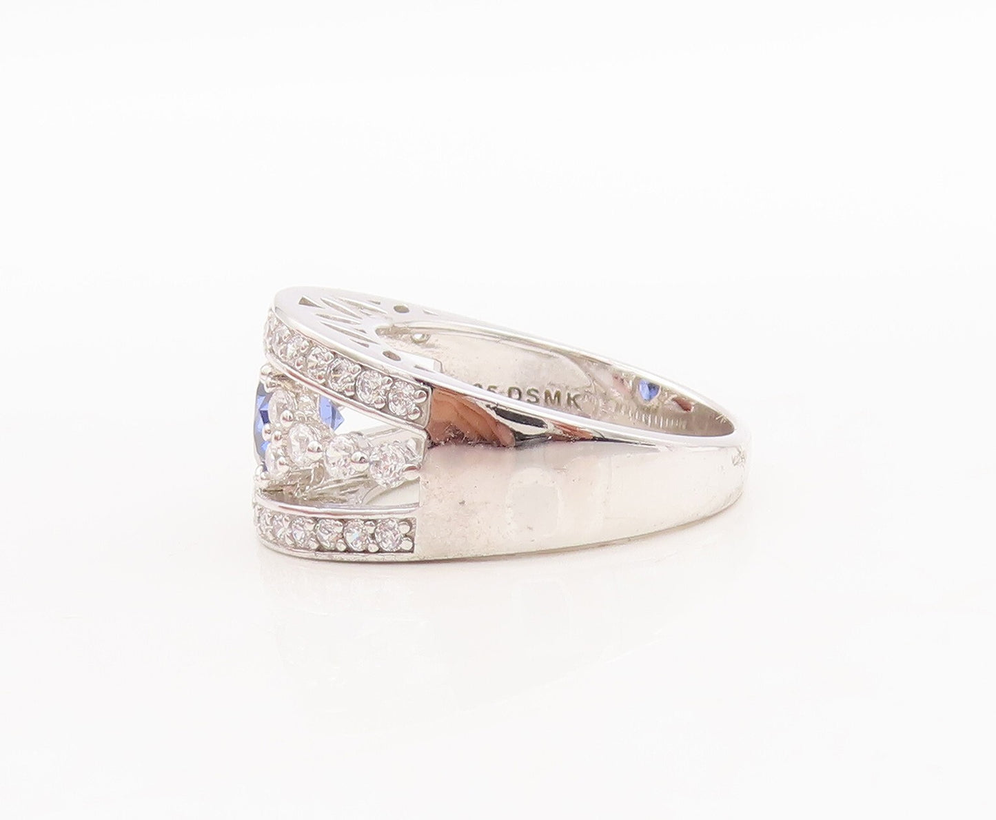 925 Sterling Silver Vintage Ring Designer Cut Sapphire CZ Inlay  Sz 7.5  RG29569