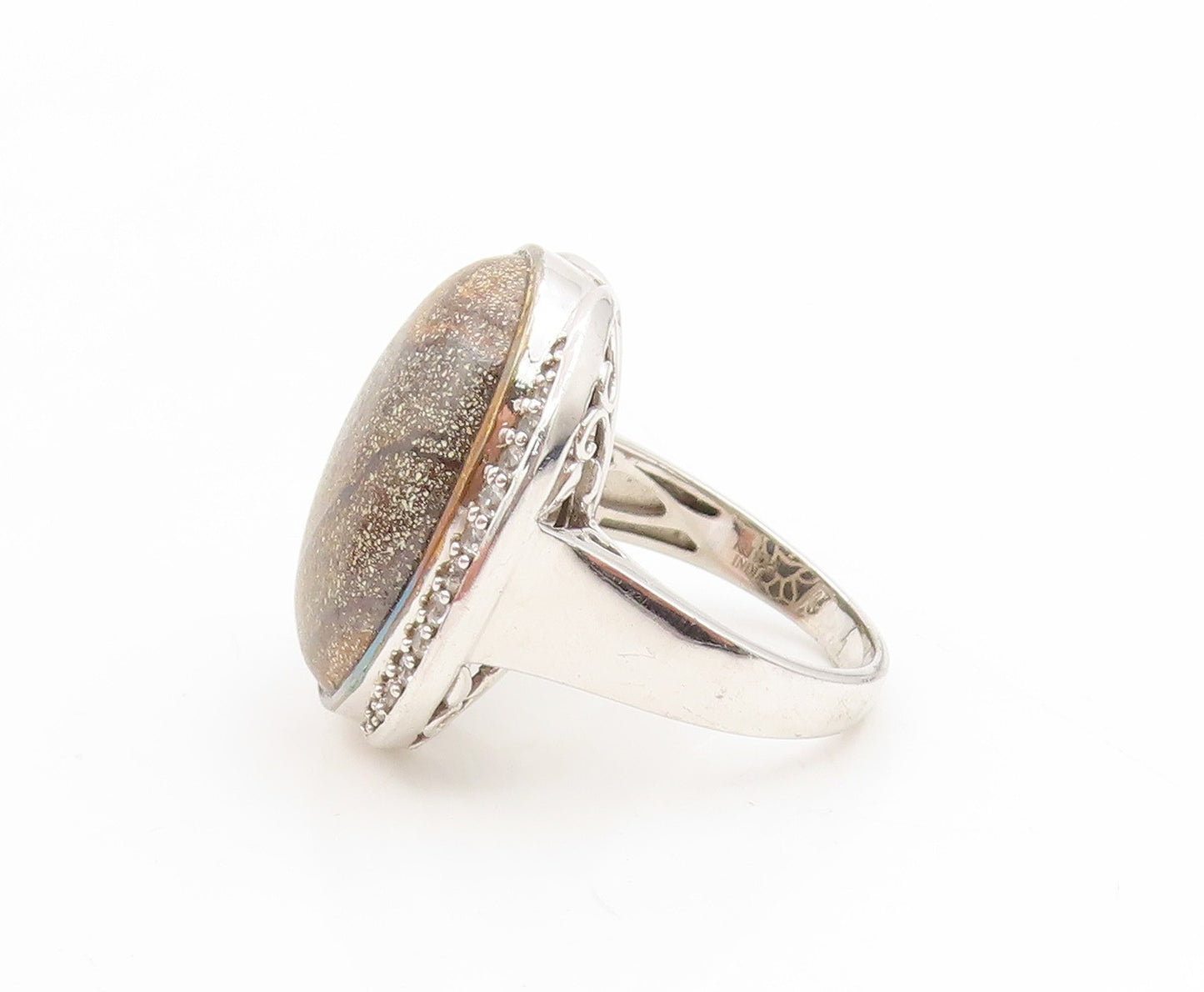 925 Sterling Silver Vintage Ring Oval Gemstone & CZ Statement Band Sz 9 RG35043