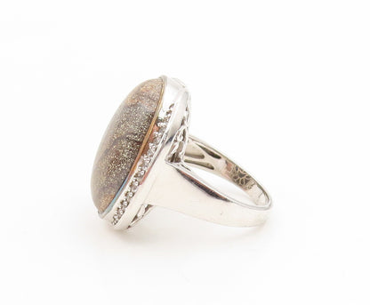 925 Sterling Silver Vintage Ring Oval Gemstone & CZ Statement Band Sz 9 RG35043