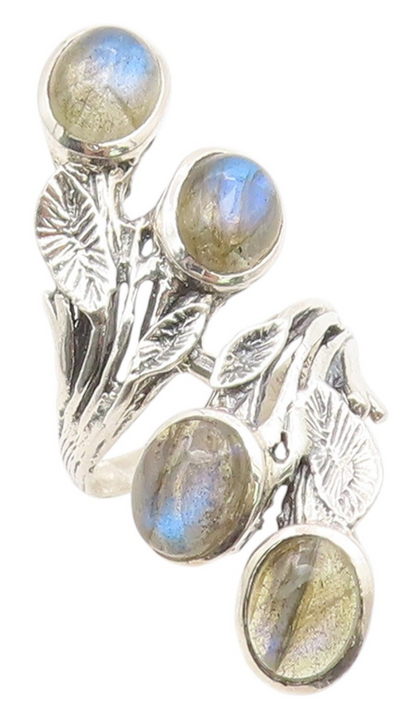 925 Sterling Silver Vintage Ring Labradorite Floral Leaf Bypass  Sz 8  RG34883