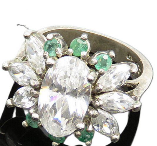 925 Silver  Vintage Cubic Zirconia & Topaz Floral Cocktail Ring Sz 6  RG19989