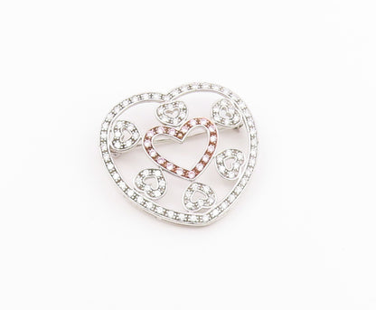 925 Sterling Silver  Pink & White Cubic Zirconia Love Heart Brooch Pin  BP5490