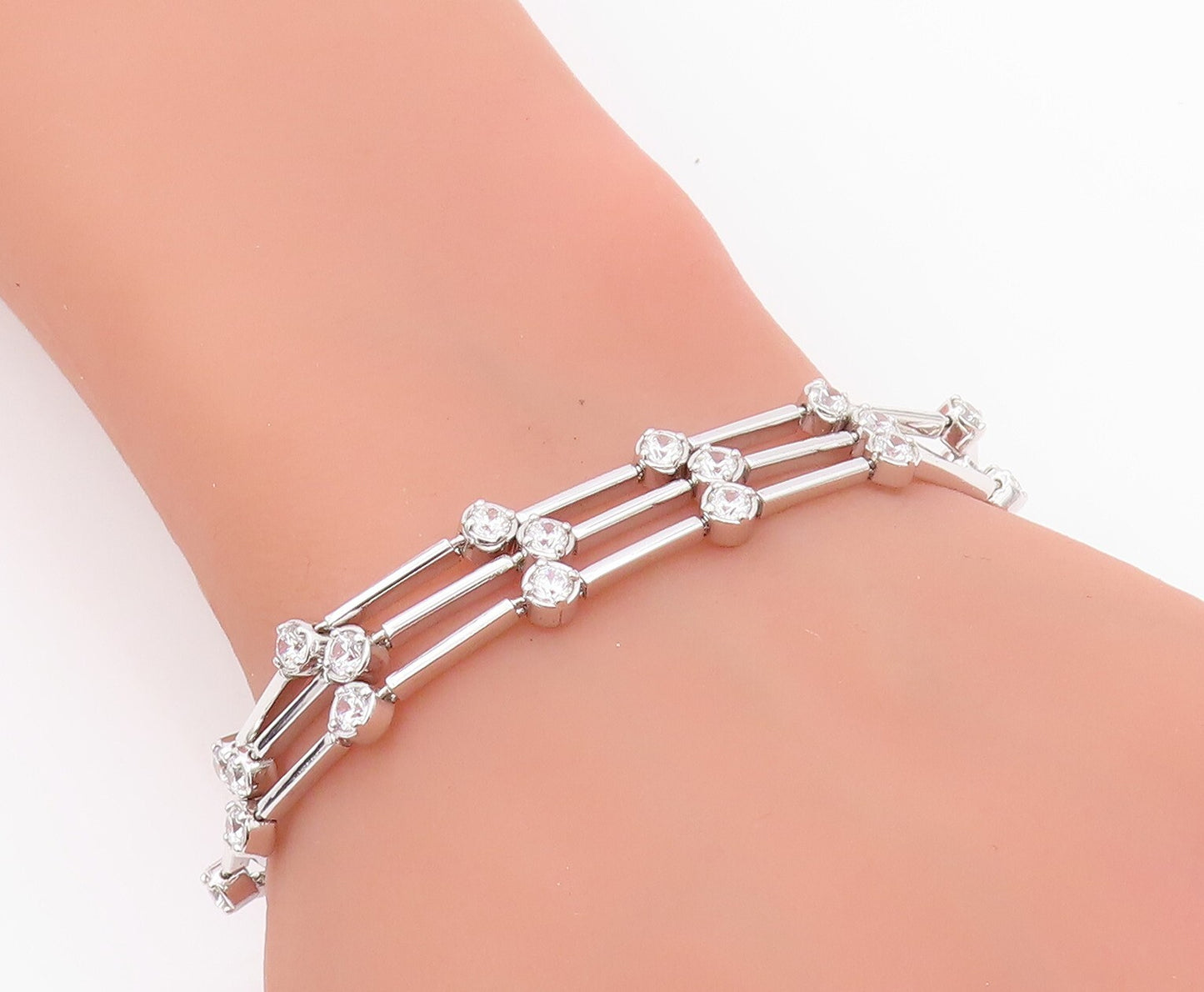 925 Sterling Silver Vintage Bracelet Round CZ & Stick Three Bands  BT11149