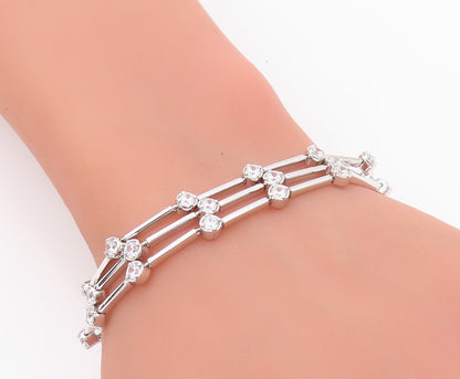 925 Sterling Silver Vintage Bracelet Round CZ & Stick Three Bands  BT11149