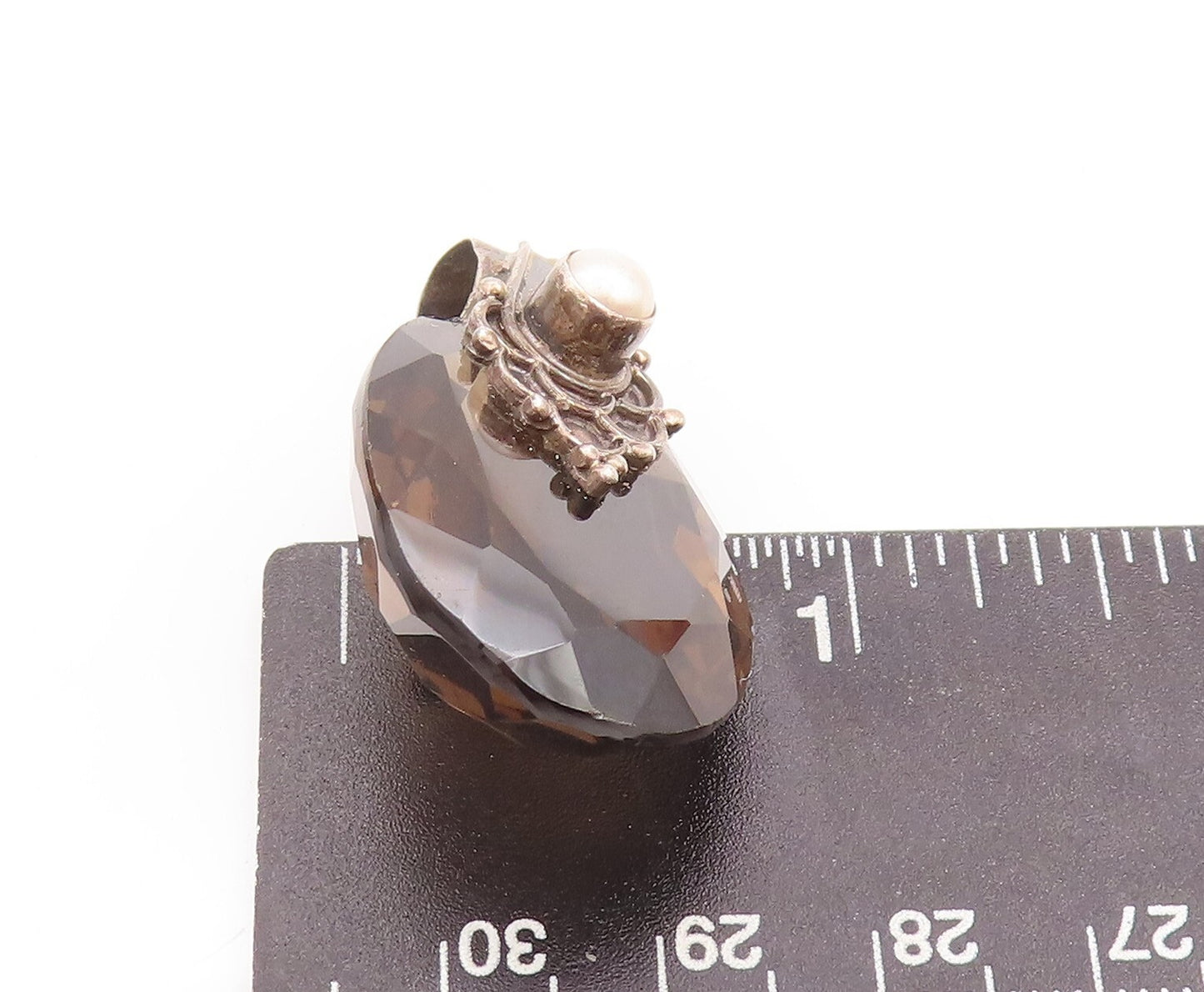 925 Sterling Silver Vintage Pendant Large Oval Smokey Quartz & Pearl  PT23345