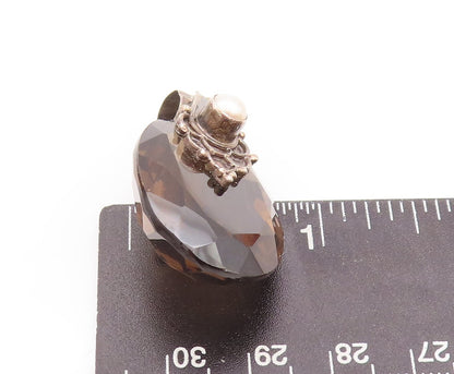 925 Sterling Silver Vintage Pendant Large Oval Smokey Quartz & Pearl  PT23345