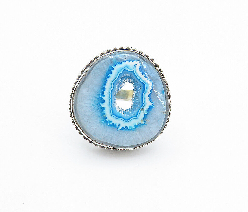 925 Sterling Silver  Blue Agate Patterned Border Cocktail Ring Sz 10.5  RG8175