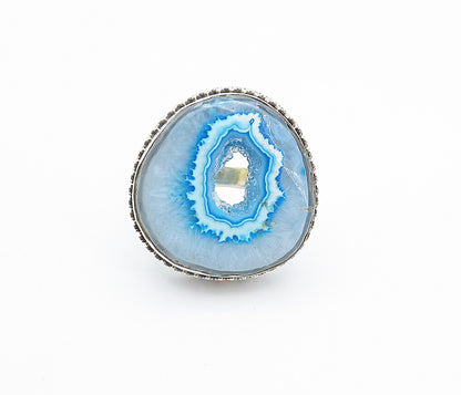 925 Sterling Silver  Blue Agate Patterned Border Cocktail Ring Sz 10.5  RG8175
