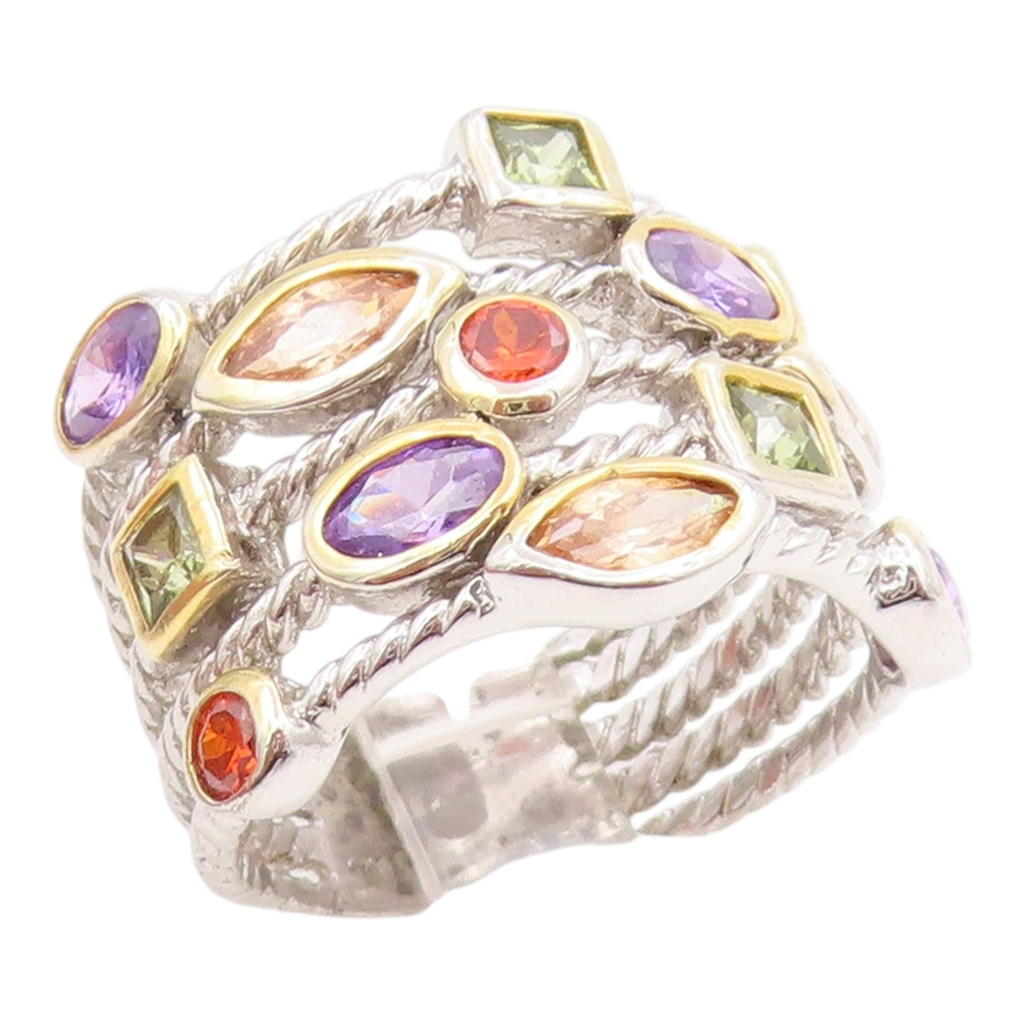 925 Sterling Silver Vintage Ring Multi Gemstone Twisted Cable  Sz 7.5  RG35667
