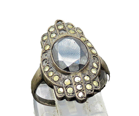 925  Silver  Vintage Hematite & Marcasite Victorian Cocktail Ring Sz 5 RG21264