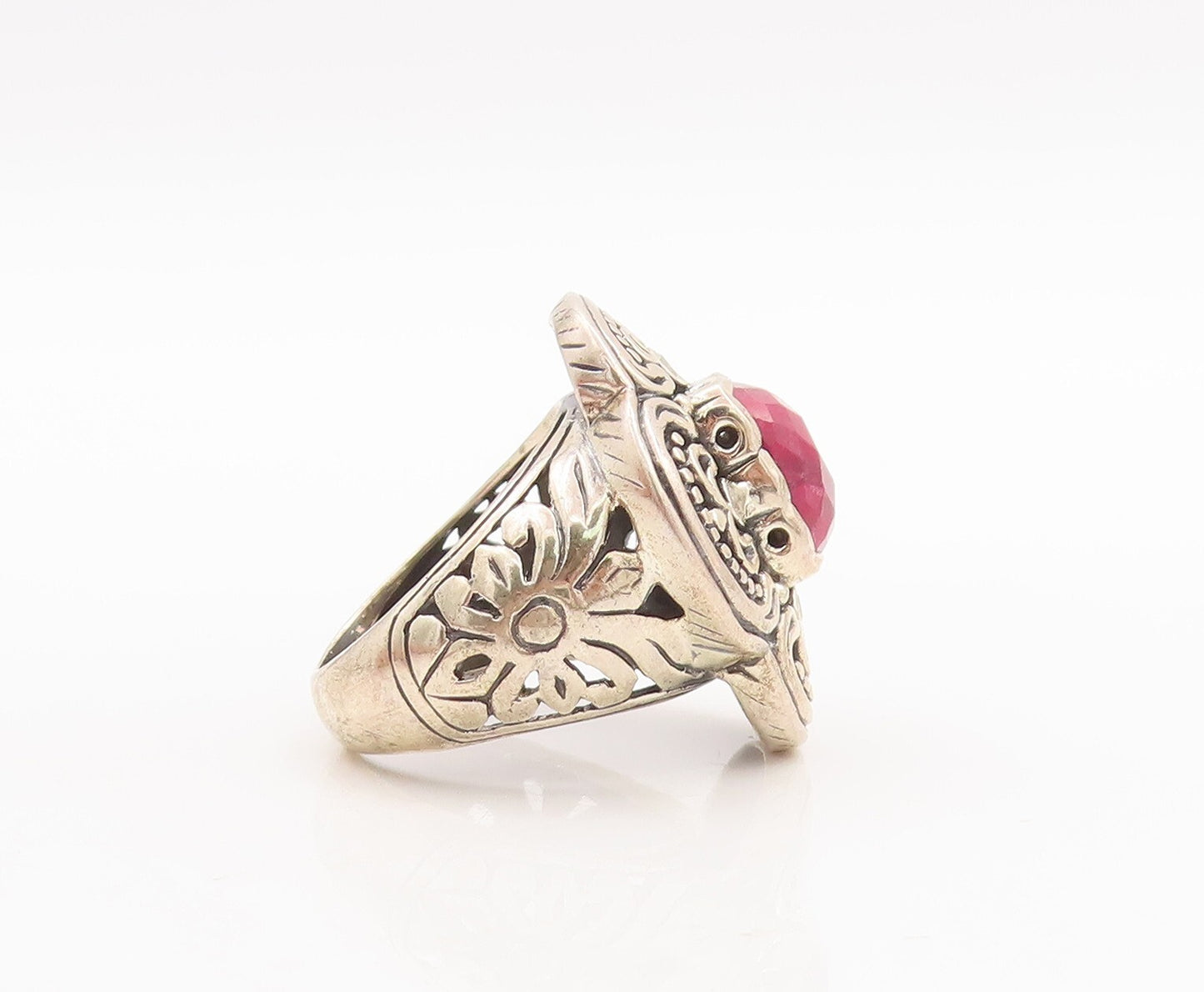 925 Sterling Silver Vintage Ring Swirly Carved Pink Gem & CZ Flower Sz 7 RG29175