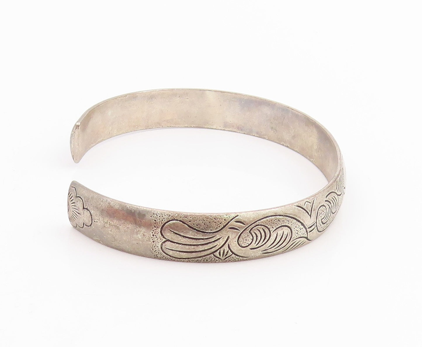 925 Sterling Silver Vintage Bracelet Chinese Export Engraved Floral Cuff BT11505