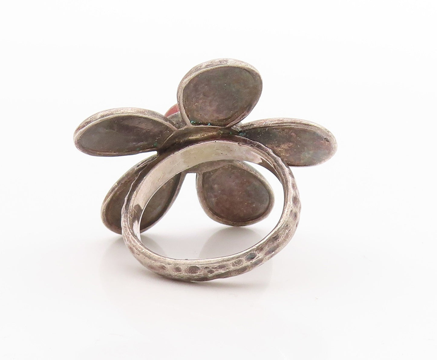 925 Sterling Silver Vintage Ring Cabochon Gemstone Flower Cutout  Sz 7.5 RG33271