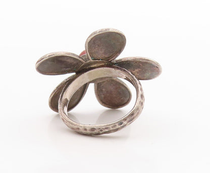 925 Sterling Silver Vintage Ring Cabochon Gemstone Flower Cutout  Sz 7.5 RG33271