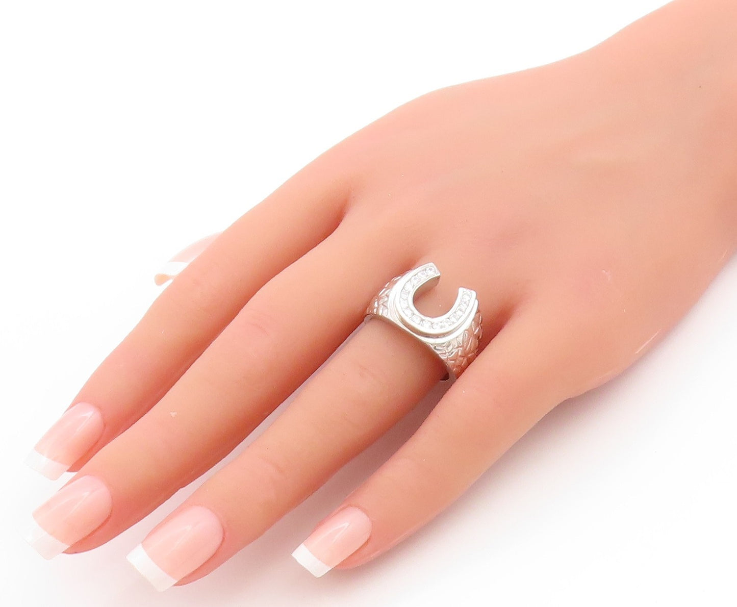 925 Sterling Silver Vintage Ring CZ Lucky Horseshoe Statement Band Sz 8 RG33642