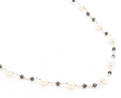 925 Sterling Silver  Petite Pearls & Black Hematite Chain Necklace  NE2128