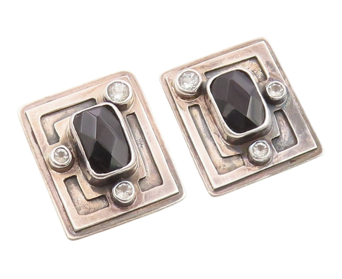 925 Sterling Silver Vintage Earrings MARGARET THURMAN Onyx & Topaz  EG14281