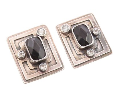 925 Sterling Silver Vintage Earrings MARGARET THURMAN Onyx & Topaz  EG14281