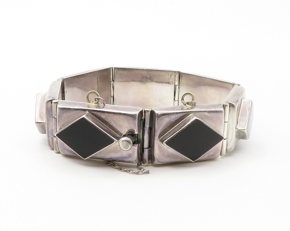925 Sterling Silver  Vintage Diamond Shape Black Onyx Chain Bracelet  BT5584