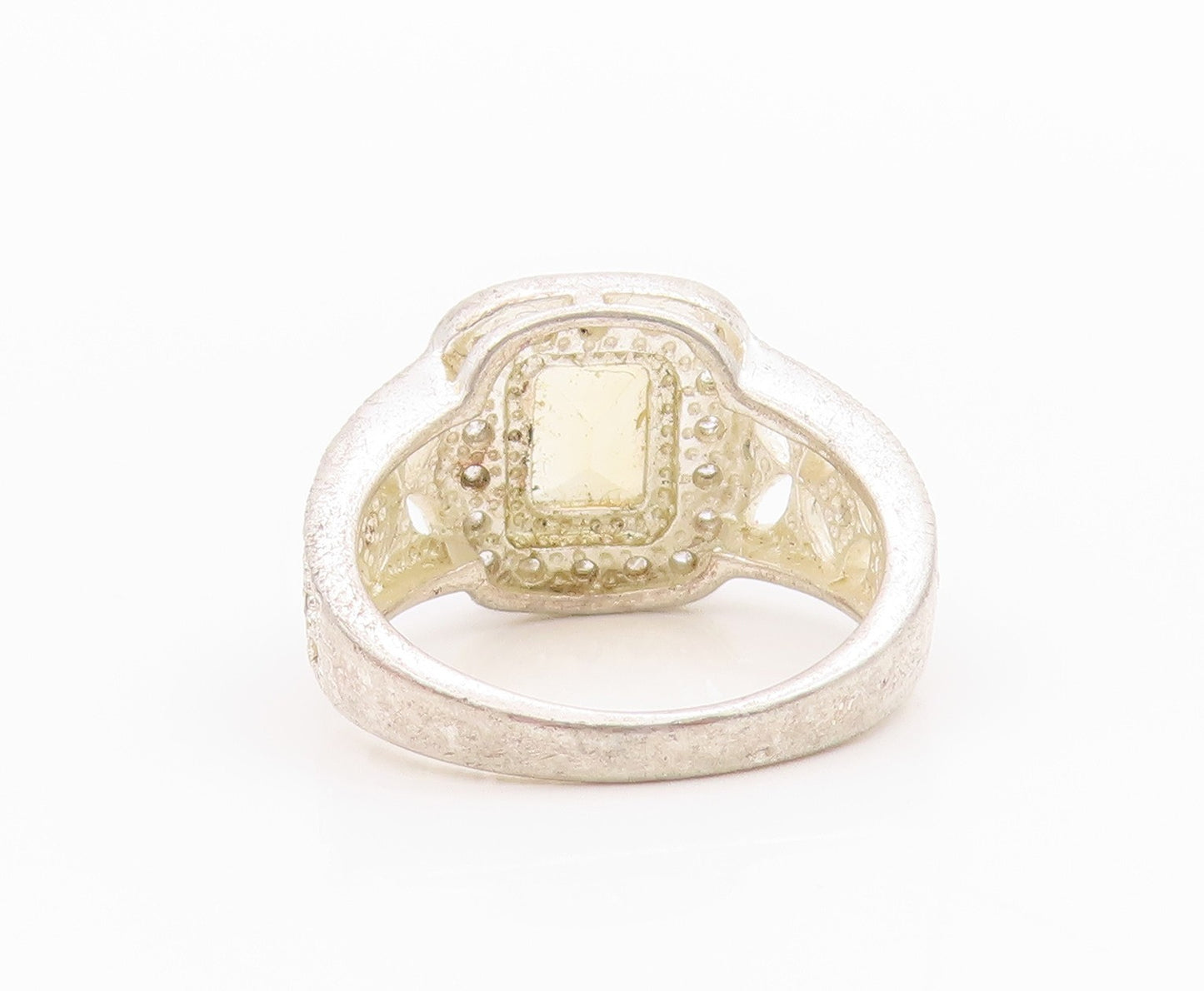 925 Sterling Silver Vintage Ring Rectangle Cut Citrine Halo CZ  Sz 7  RG33226