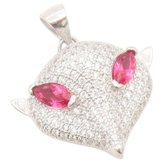 925 Sterling Silver Vintage Pendant Pink Topaz & CZ Sparkling Fox Head  PT26588