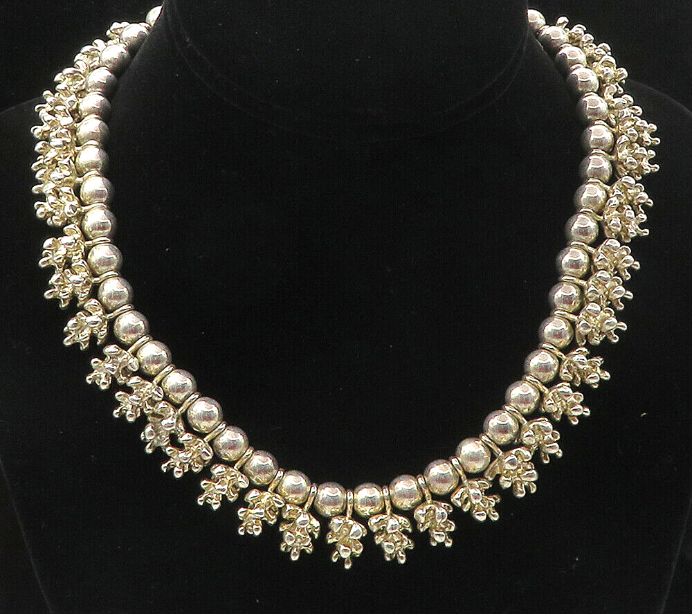 Solid Silver  Vintage Shiny Charmed Ball Bead Chain Necklace  NE1809